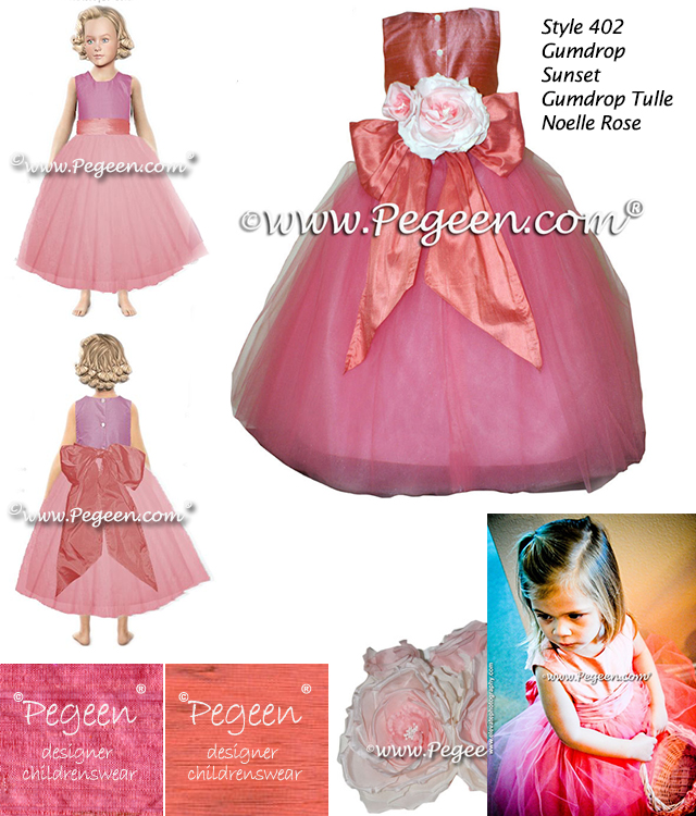 Flower Girl Dress Style 402 in Gumdrop, Sunset, Gumdrop Tulle and Noelle Rose