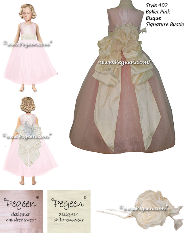 Flower Girl Dress Style 402 in Ballet Pink and Bisque with a Signature Bustle