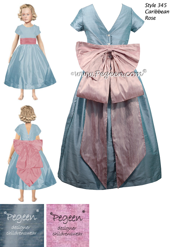 Flower Girl Dress Style 345 in Caribbean and Rose with a Silk Cinderella Bow