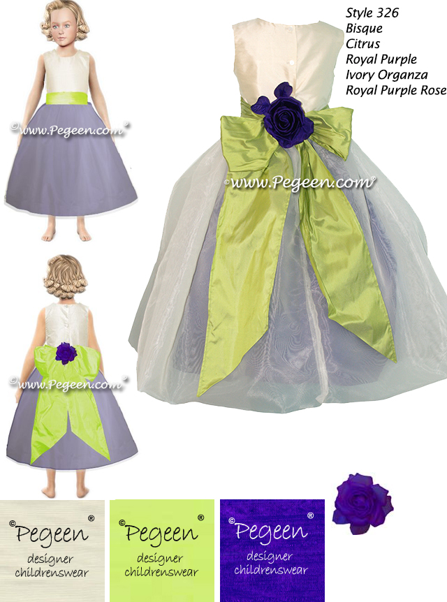 Flower Girl Dress Style 326 in Bisque, Citrus, Royal Purple, Ivory Organza and a Royal Purple Rose