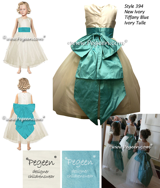 Flower Girl Dress Style 394 in New Ivory White, Tiffany Blue with Ivory Tulle