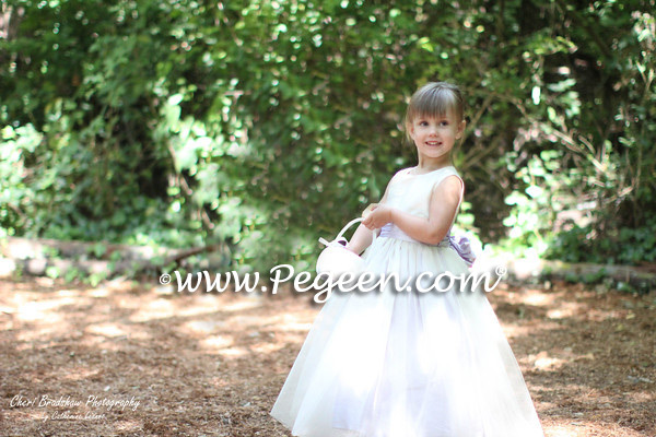 Pegeen Custom Flower Girl Dresses Style 356 in Bisque and Lilac with tulle overskirt