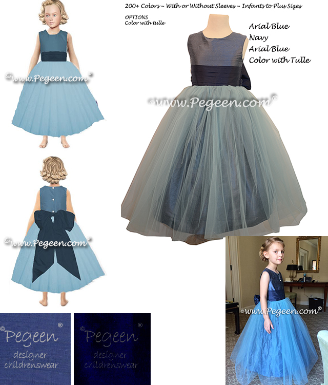 Flower Girl Dress Style 356 with Arial Blue Bodice and Skirt and a Navy Blue Sashand colored with Tulle