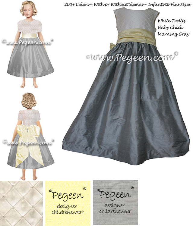 Flower Girl Dress Style 357 with White Trellis Baby Chick Sash and Morning Gray Skirt