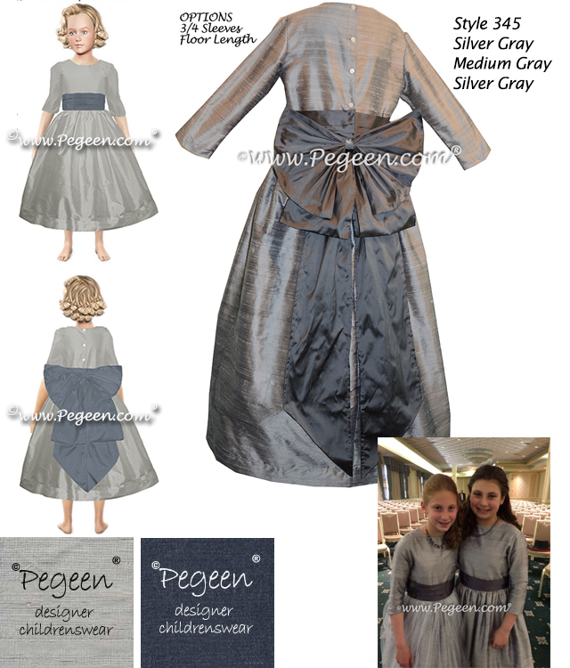 Flower Girl Dress Style 345 with 3/4 Sleeves Bodice in Silver Gray, Med Gray Cinderella Bow and Floor Length Silver Gray Skirt
