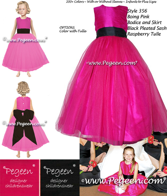 Flower Girl Dress Style 356 with a Silk Boing Pink Bodice and Skirt, Black Pleated Sash and Raspberry Tulle