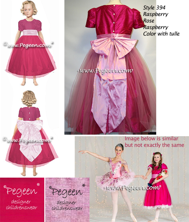 Flower girl dress 394 raspberry red bodice and skirt with a rose cinderella bow and tulle