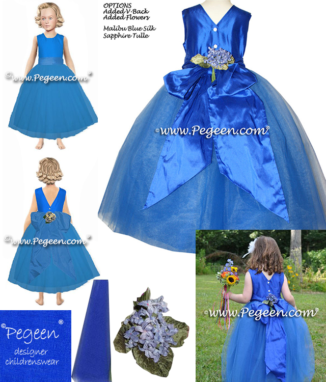 Flower girl dress 402 malibu blue silk with sapphire blue tulle and flowers with a V-Back