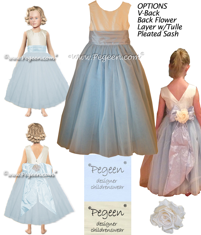 Pegeen Flower Girl Dress Style 402 in Steele Blue and Antique White Silk and Tulle