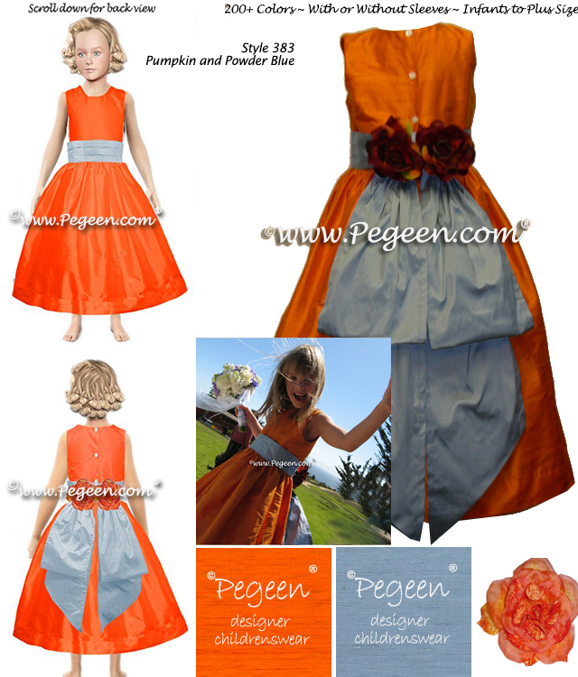 Pegeen Flower Girl Dress Style 383 in Tangerine Orange and Powder Blue Silk