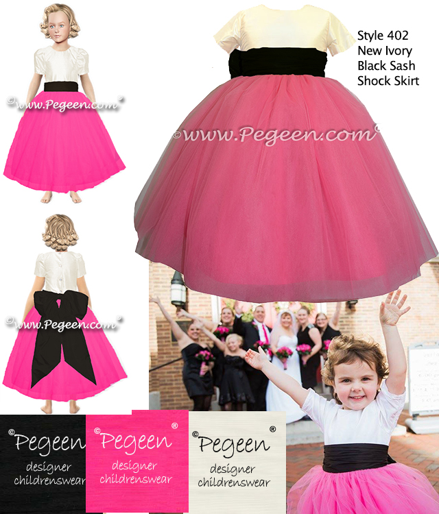 Hot pink and black silk flower girl dresses