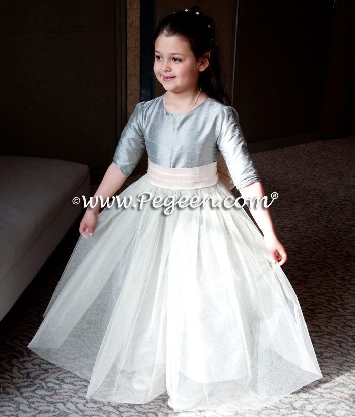 Morning gray and blush pink silk flower girl dress from Pegeen Classics