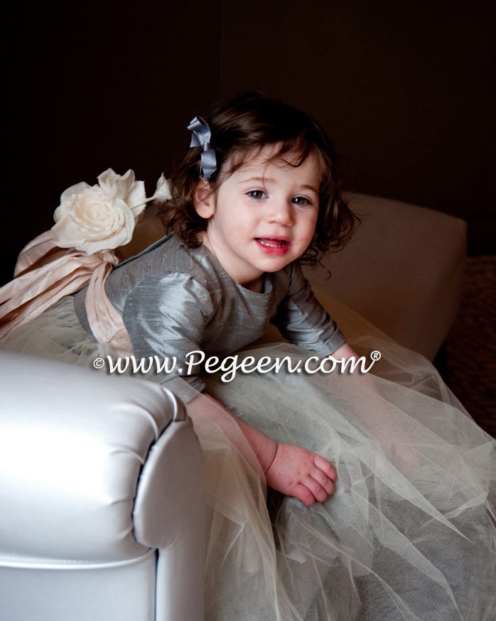 Morning gray and blush pink silk flower girl dress from Pegeen Classics
