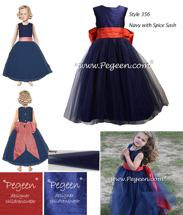 Navy and Brick Red Tulle and Silk flower girl dresses - Style 356 | Pegeen