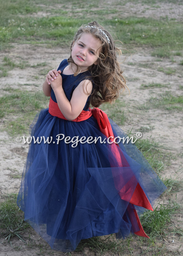 Navy and Brick Red Tulle and Silk flower girl dresses - Style 356 | Pegeen